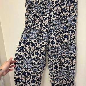 Rachel Zoe Floral Pattern Wide Leg Pants - Navy and Cream